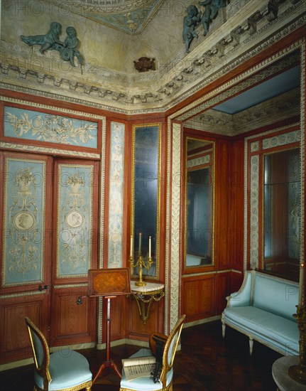 Boudoir from Hotel d'Hocqueville, Rouen, c. 1785. Attributed to Fixon Firm (French), attributed to François Guéroult (French, 1745-1804). Wood and plaster, in part painted and gilded, window and mirror glass, marble table tops; overall: 408.7 x 436.6 x 283.2 cm (160 7/8 x 171 7/8 x 111 1/2 in.).