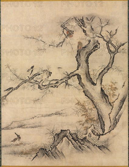 Flowers and Birds in a Spring Landscape, 1500s. Attributed to Kano Motonobu (Japanese, c. 1476-1559). Fusuma panel mounted as a hanging scroll; ink and color on paper; painting only: 177.1 x 137.1 cm (69 3/4 x 54 in.); including mounting: 259.1 x 151.1 cm (102 x 59 1/2 in.).