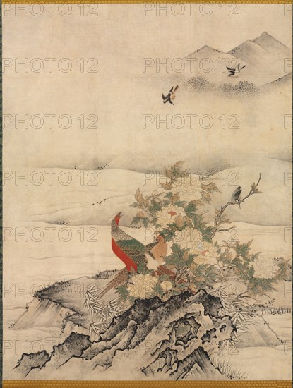 Flowers and Birds in a Spring Landscape, 1500s. Attributed to Kano Motonobu (Japanese, c. 1476-1559). Fusuma panel mounted as a hanging scroll; ink and color on paper; painting only: 177.1 x 137.1 cm (69 3/4 x 54 in.); including mounting: 259.1 x 151.1 cm (102 x 59 1/2 in.).