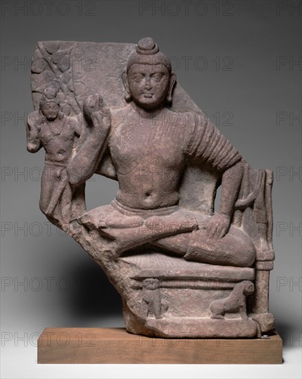 Seated Shakyamuni Buddha, c. 120. Northern India, Uttar Pradesh, Mathura, Kushan Period. Red mottled sandstone; overall: 51.4 cm (20 1/4 in.).