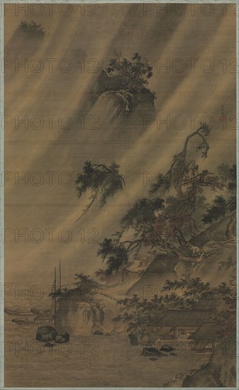 River Village in a Rainstorm, c. 1480-1507. Lu Wenying (Chinese). Hanging scroll, ink and slight color on silk; painting: 170.5 x 103.4 cm (67 1/8 x 40 11/16 in.); overall with knobs: 279.6 x 134.3 cm (110 1/16 x 52 7/8 in.).