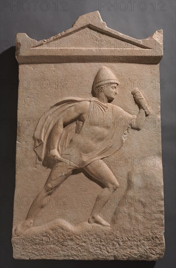 Grave Stele of a Warrior, c. 390 BC. Greece, Boeotia, 4th Century BC. Marble; overall: 111.8 x 68.6 x 11.5 cm (44 x 27 x 4 1/2 in.).