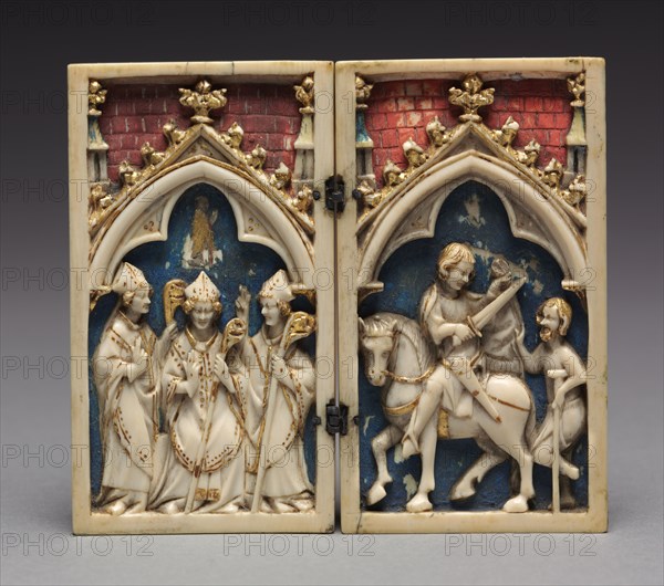 Diptych with Scenes from the Life of Saint Martin of Tours: The Consecration of Saint Martin as Bishop (left); Saint Martin Shares his Cloak with a Beggar, 1340-1350. Germany, Cologne, 14th century. Ivory with polychromy and gilding, original silver hinges; overall: 9.2 cm (3 5/8 in.); closed: 5.2 cm (2 1/16 in.).