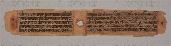 Leaf from a Jain Manuscript: Kalpa-sutra: text describing descent of Mahavira into the womb of the Brahman woman Devananda (verso), 1279. Western India, Gujarat, 13th century. Opaque watercolor and ink on palm leaf; Manuscript 1; overall: 5.3 x 17.1 cm (2 1/16 x 6 3/4 in.).