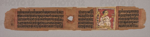 Leaf from a Jain Manuscript: Kalpa-sutra: Monk Holding a Flower (recto); Leaf from a Jain Manuscript: Kalpa-sutra: text describing descent of Mahavira into the womb of the Brahman woman Devananda (verso), 1279. Western India, Gujarat, 13th century. Opaque watercolor and ink on palm leaf; Manuscript 1; overall: 5.3 x 17.1 cm (2 1/16 x 6 3/4 in.).