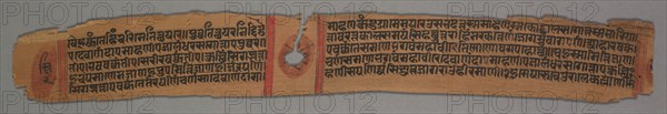 Leaf from a Jain Manuscript: Kalpa-sutra: The Monk Gautama, Enthroned (recto), 1279. Devachandra (Indian). Opaque watercolor and ink on palm leaf; Manuscript 3; overall: 4.4 x 35.2 cm (1 3/4 x 13 7/8 in.).