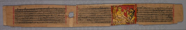 Leaf from a Jain Manuscript: page from a Great Poem about Twos (Dvyashraya Mahakavya) of Hemachandra, with commentary by Abhayatilaka: Monk in the Gift-giving Gesture before a Layman (verso), after 1255. Abhayatilakagani (Indian). Opaque watercolor and ink on palm leaf; overall: 5.7 x 45.7 cm (2 1/4 x 18 in.).