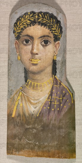 Funerary Portrait of a Young Girl, c. 25-37. Egypt, Roman Empire, late Tiberian. Encaustic on wood; overall: 39.4 x 17.4 cm (15 1/2 x 6 7/8 in.).