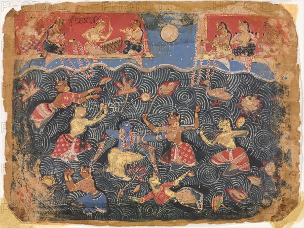 Krishna sporting with the gopis in the Jumna River, from a Bhagavata Purana, c. 1525-50. India, Pre-Mughal, early Rajput, 16th Century. Ink and color on paper; overall: 16.5 x 22.2 cm (6 1/2 x 8 3/4 in.).