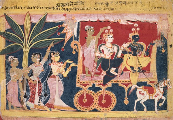Akrura Drives Krishna and Balarama to Mathura (Isarda Bhagavata Purana), c. 1560-1570. India, Rajasthan (Delhi/Agra), 16th century. Ink and color on paper; overall: 19.3 x 25.7 cm (7 5/8 x 10 1/8 in.); with mat: 36.3 x 49 cm (14 5/16 x 19 5/16 in.).