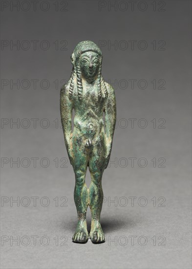 Statuette of a Kouros, 600-500 BC. Italy, Etruscan, 6th Century BC. Bronze; overall: 8.8 cm (3 7/16 in.).