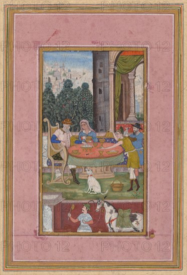 Dining Scene with European Elements, c. 1590. India, Subimperial, 16th century. Color on paper; image: 13.5 x 7.5 cm (5 5/16 x 2 15/16 in.); overall: 26.5 x 20.5 cm (10 7/16 x 8 1/16 in.).