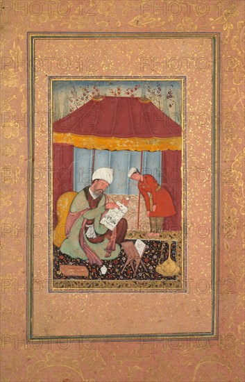 Teacher with his Pupil, c. 1595-1600. India, Mughal Dynasty (1526-1756). Color on paper; image: 14.1 x 8.9 cm (5 9/16 x 3 1/2 in.); overall: 26.7 x 17.4 cm (10 1/2 x 6 7/8 in.).