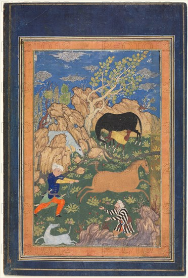 Figure Lassoing a Horse Illustrated Page from an Unidentified Manuscript (recto), 1400s-1500s. Iran, Herat or Qazvin, Late Timurid or Safavid Period, 16th Century. Opaque watercolor, gold, and silver on paper; sheet: 31.1 x 15 cm (12 1/4 x 5 7/8 in.); image: 22.6 x 14.7 cm (8 7/8 x 5 13/16 in.).