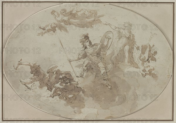 Ceiling Study: Allegory of Peace and War, c. 1800 ?. Giuseppe Bernardino Bison (Italian, 1762-1844). Pen and brown ink and brush and brown wash over black chalk; sheet: 29.7 x 43 cm (11 11/16 x 16 15/16 in.); secondary support: 29.7 x 43 cm (11 11/16 x 16 15/16 in.); tertiary support: 37.8 x 50.9 cm (14 7/8 x 20 1/16 in.).