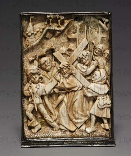 Plaque: Christ Carrying the Cross, c. 1480-1500. Germany, Lower Rhine, late 15th Century. Ivory with traces of color and gold, mounted in silver frame; overall: 12.6 x 9 cm (4 15/16 x 3 9/16 in.)