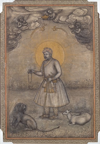 Portrait of the Aged Akbar, c. 1640-1650. Attributed to Govardhan (Indian, active c.1596-1645). Opaque watercolor and gold on paper; image: 25.2 x 16.8 cm (9 15/16 x 6 5/8 in.); overall: 27.5 x 18.8 cm (10 13/16 x 7 3/8 in.).