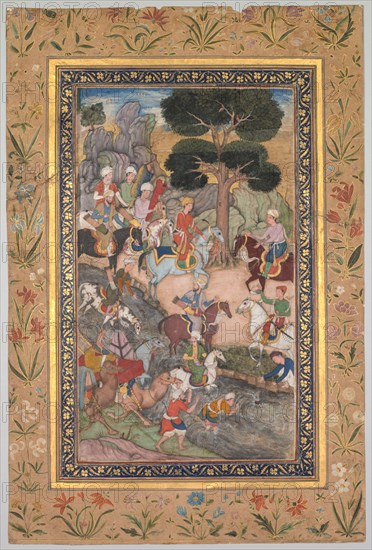 Babur meeting with Sultan Ali Mirza at the Kohik River, from a Babur-nama (Memoirs of Babur), c. 1590. India, Mughal school, 16th century. Opaque watercolor and gold on paper; image: 28 x 16.5 cm (11 x 6 1/2 in.); overall: 41 x 27.1 cm (16 1/8 x 10 11/16 in.).