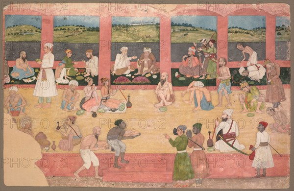 Opium smokers served melons and bread, c. 1750. India, Mughal Dynasty (1526-1756). Color on paper; image: 18.5 x 29 cm (7 5/16 x 11 7/16 in.); with mat: 36.3 x 49 cm (14 5/16 x 19 5/16 in.).