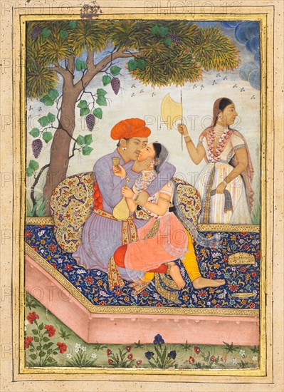 Lovers Embracing, c. 1630. India, Popular Mughal School, probably done at Bikaner, Mughal Dynasty (1526-1756). Opaque watercolor and gold on paper; image: 14.9 x 10.1 cm (5 7/8 x 4 in.); overall: 24 x 16.8 cm (9 7/16 x 6 5/8 in.); with mat: 35.5 x 25.4 cm (14 x 10 in.).