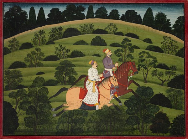 Akrura Rides Toward Dwarka, page from the large Basohli Bhagavata Purana, c. 1760-1765. India, Pahari Hills, Basholi school, 18th century. Ink and color on paper; image: 27.5 x 37.8 cm (10 13/16 x 14 7/8 in.); overall: 30.6 x 40.2 cm (12 1/16 x 15 13/16 in.).