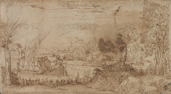 River Landscape with Boats, c. 1590. Annibale Carracci (Italian, c. 1560-1609). Pen and brown ink; sheet: 22.3 x 40.5 cm (8 3/4 x 15 15/16 in.); image: 22.3 x 39.9 cm (8 3/4 x 15 11/16 in.).