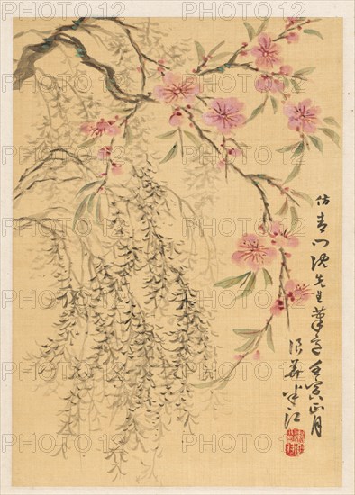 Peach Blossoms and Willows, 1842. Hanko Okada (Japanese, 1782-1845). Album leaf; ink and color on ivory silk; sheet: 26.1 x 18.4 cm (10 1/4 x 7 1/4 in.).