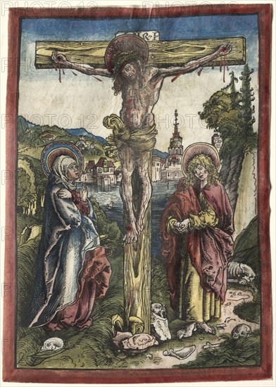 Christ on the Cross between the Virgin and Saint John, 1503. Lucas Cranach (German, 1472-1553). Woodcut on vellum, hand colored with watercolor ; image: 22.7 x 16.2 cm (8 15/16 x 6 3/8 in.)