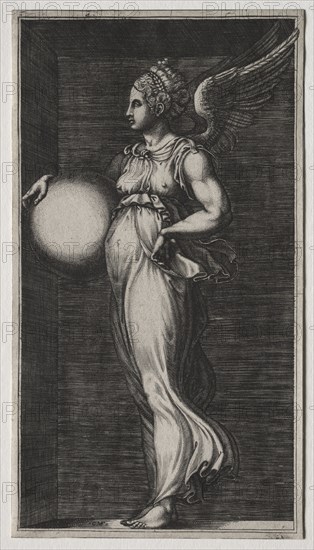 Allegorical Figure Holding a Sphere, mid 1560s. Giorgio Ghisi (Italian, 1520-1582), possibly after Giulio Romano (Italian, 1492/99-1546). Engraving; sheet: 24 x 13.4 cm (9 7/16 x 5 1/4 in.)
