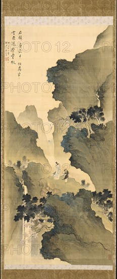 Watching a Waterfall, 1790. Tani Buncho (Japanese, 1763-1841). Hanging scroll; ink and color on silk; image: 112.5 x 51.1 cm (44 5/16 x 20 1/8 in.); overall: 214 x 54.5 cm (84 1/4 x 21 7/16 in.).