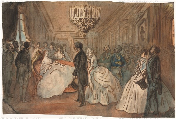 The Empress Eugenie Receiving the Diplomatic Corps after the Birth of the Imperial Prince, 1800s. Constantin Guys (French, 1805-1892). Pen and brown ink and brush and brown, blue, pink and yellow wash; sheet: 22.2 x 33.1 cm (8 3/4 x 13 1/16 in.).