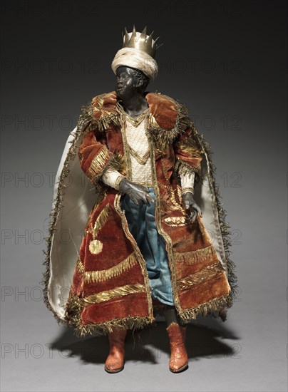 Figure from a Crèche: Negro Magus, 1780-1830. Italy, Naples, late 18th-early 19th century. Painted wood and terracotta with various textiles; overall: 28.7 cm (11 5/16 in.).
