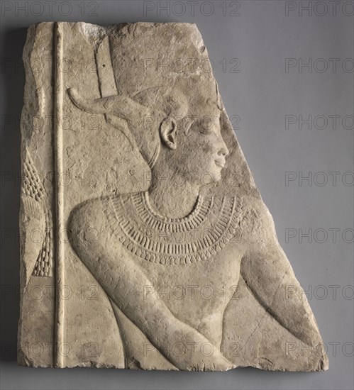 Temple Relief of a Deity, 360-246 BC. Egypt, Greco-Roman Period, Late Dynasty30 to early Ptolemaic Dynasty. Limestone; overall: 47.3 x 41 cm (18 5/8 x 16 1/8 in.).