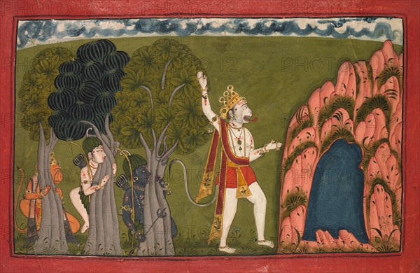 Sugriva (Monkey General) Challenges his Brother Bali, c. 1720. India, Pahari Hills, Nurpur, 18th century. Color on paper; image: 16.4 x 26.8 cm (6 7/16 x 10 9/16 in.); overall: 20.7 x 31 cm (8 1/8 x 12 3/16 in.); with mat: 36.3 x 49 cm (14 5/16 x 19 5/16 in.).