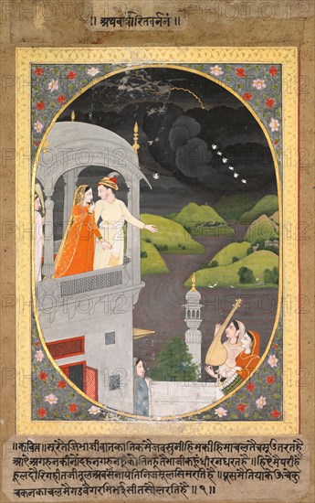 Krishna and Radha Watching Rain Clouds: The Month of Bhadon from Baramasa series, c. 1790. India, Pahari, Kangra school, 18th century. Color on paper; image: 13 x 9 cm (5 1/8 x 3 9/16 in.); overall: 20.7 x 15.2 cm (8 1/8 x 6 in.).
