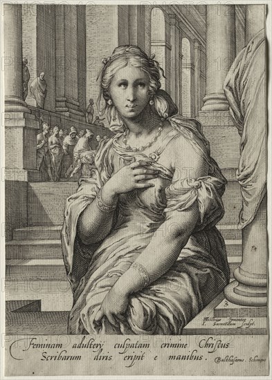 Heroines of the New Testament:  The Woman Taken in Adultery. Jan Saenredam (Dutch, 1565-1607). Engraving
