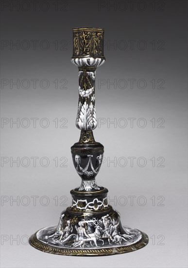 Candlestick Depicting the Triumph of Diana, c. 1565. Attributed to Jean II de Court (French, bef 1583). Painted enamel (grisaille) on copper; overall: 33.6 cm (13 1/4 in.).
