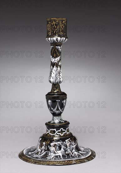 Candlesticks, c. 1565. Attributed to Jean II de Court (French, bef 1583). Painted enamel (grisaille) on copper; overall: 33.6 cm (13 1/4 in.).