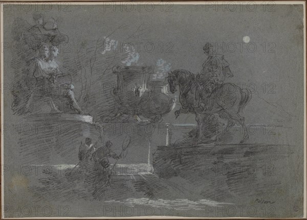 Monumental Sculpture in a Moonlit Park, c. 1842?. Giuseppe Bernardino Bison (Italian, 1762-1844). Black chalk with blue gouache, heightened with white gouache; sheet: 32.3 x 45.3 cm (12 11/16 x 17 13/16 in.); secondary support: 43.2 x 57.1 cm (17 x 22 1/2 in.).