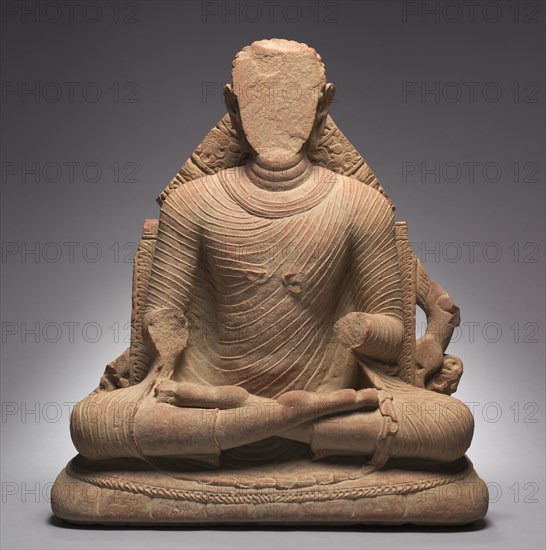 Seated Buddha, 400-430. Northern India, Uttar Pradesh, Mathura, Gupta period (c. 320-550). Red mottled sandstone; overall: 82 cm (32 5/16 in.).
