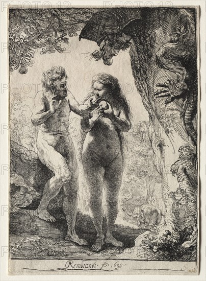 Adam and Eve, 1638. Rembrandt van Rijn (Dutch, 1606-1669). Etching; sheet: 16.5 x 11.7 cm (6 1/2 x 4 5/8 in.); platemark: 16.2 x 11.6 cm (6 3/8 x 4 9/16 in.)