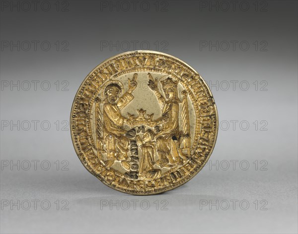 Almond-Shaped Seal: Coronation of the Virgin with a Kneeling Monk, 1300-1400. England or Germany, Gothic period, 14th century. Gilded bronze; diameter: 3.9 cm (1 9/16 in.)