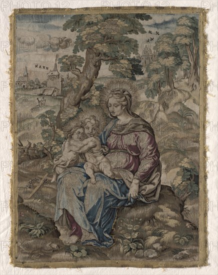 Madonna with Christ Child and Saint John the Baptist, 1500s. Belgium, 16th century. Tapestry weave, silk and gold thread; overall: 55.6 x 41 cm (21 7/8 x 16 1/8 in.)