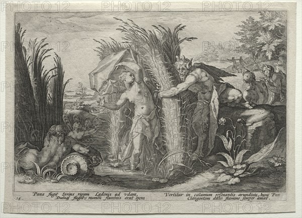 The Creations of the Four Elements (from Ovid's Metamorphoses): Pan Pursuing Syrinx, c. 1589. After Hendrick Goltzius (Dutch, 1558–1617). Engraving; sheet: 18.9 x 26.4 cm (7 7/16 x 10 3/8 in.); platemark: 17.2 x 24.9 cm (6 3/4 x 9 13/16 in.).