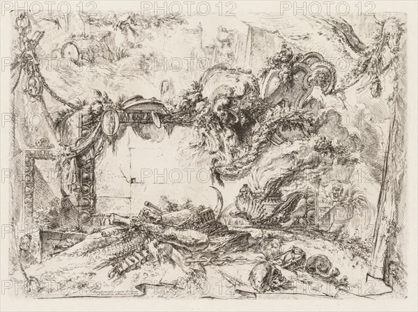 Groteschi:  Ruins with Skulls and a Smoking Vase, ca. 1745-50. Giovanni Battista Piranesi (Italian, 1720-1778). Etching