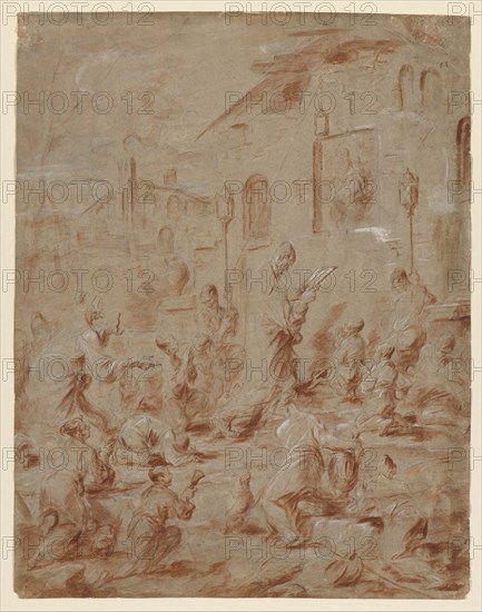 Worshippers at a Street Shrine, 1730/40. Alessandro Magnasco (Italian, 1667-1749). Brush and red-brown ink and black chalk, heightened with lead white; sheet: 47.7 x 37.2 cm (18 3/4 x 14 5/8 in.).