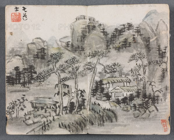 Miniature Album with Figures and Landscape (Landscape with Two Buildings), 1822. Zeng Yangdong (Chinese). Album leaf, ink and color on paper; overall: 6.1 x 7.7 cm (2 3/8 x 3 1/16 in.).