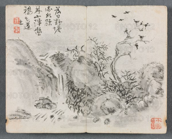 Miniature Album with Figures and Landscape (Waterfall Landscape), 1822. Zeng Yangdong (Chinese). Album leaf, ink and color on paper; overall: 6.1 x 7.7 cm (2 3/8 x 3 1/16 in.).