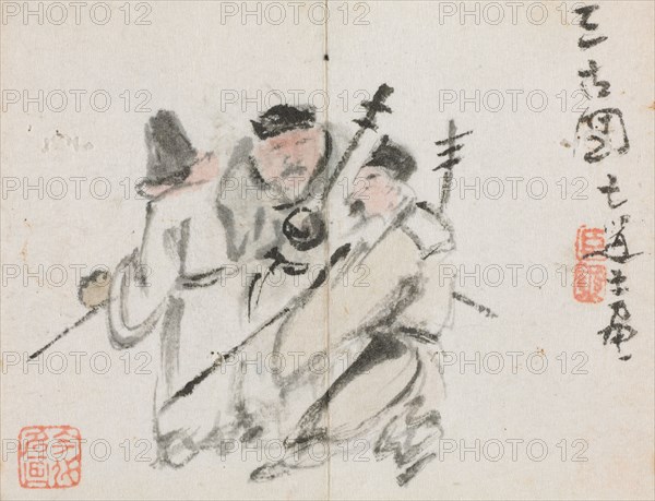 Miniature Album with Figures and Landscape (Three Men), 1822. Zeng Yangdong (Chinese). Album leaf, ink and color on paper; overall: 6.1 x 7.7 cm (2 3/8 x 3 1/16 in.).