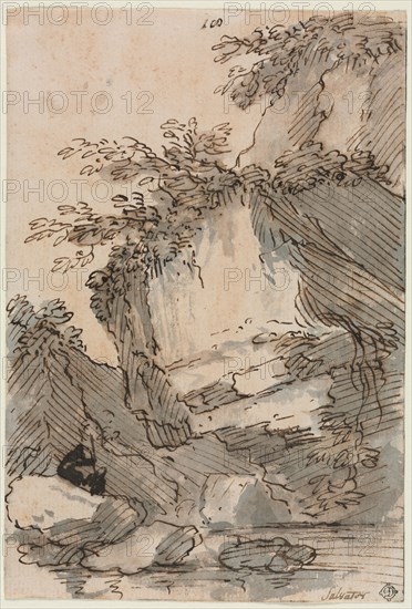 Figures by a Rocky Pool, 1660/1673. Salvator Rosa (Italian, 1615-1673). Pen and brown ink and brush and gray and brown wash; traces of framing lines in brown ink ; sheet: 18.3 x 12.5 cm (7 3/16 x 4 15/16 in.).